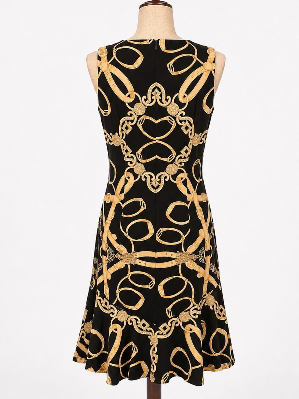 J. McLaughlin baroque gold and black fitted back zip dress with flouncy hem- M - Picture 2 of 4